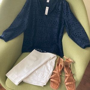 Chicos NWT Navy Blue Eyelet Popover Blouse SZ 2